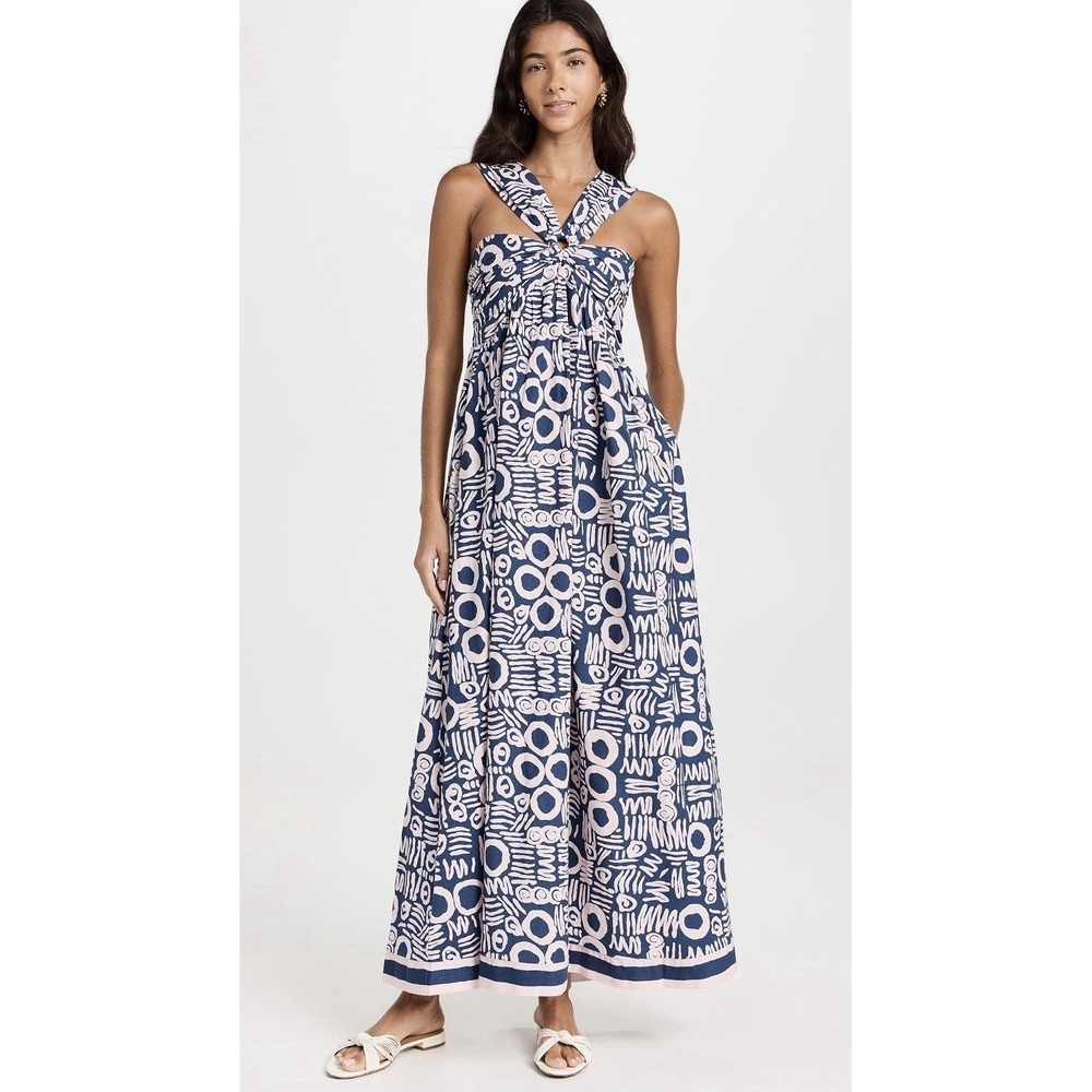 Cleobella Women's Zola Isla Maxi Dress Linen Blend Size Small Blue W/ Pockets